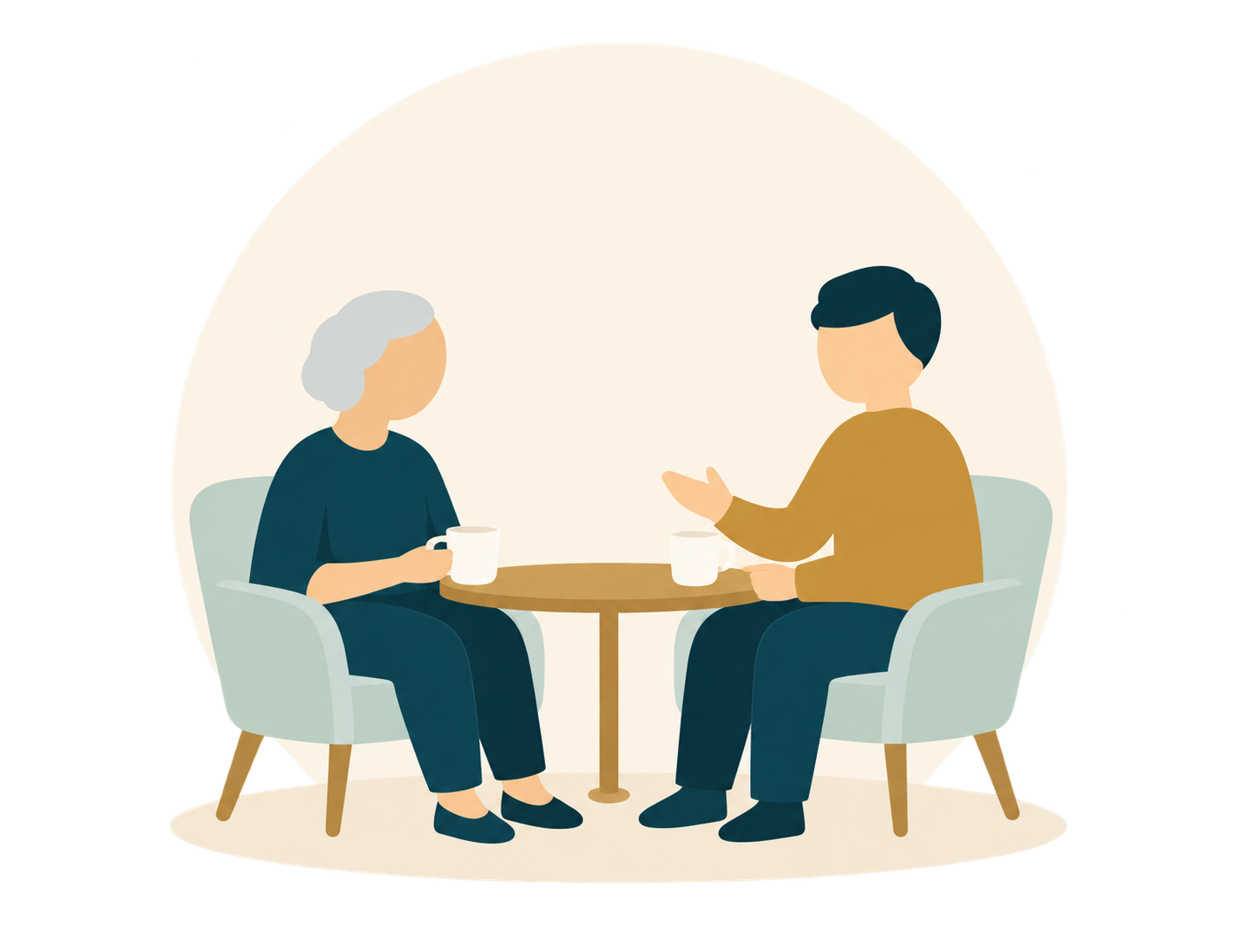 An older adult and a younger visitor enjoying a conversation over coffee.